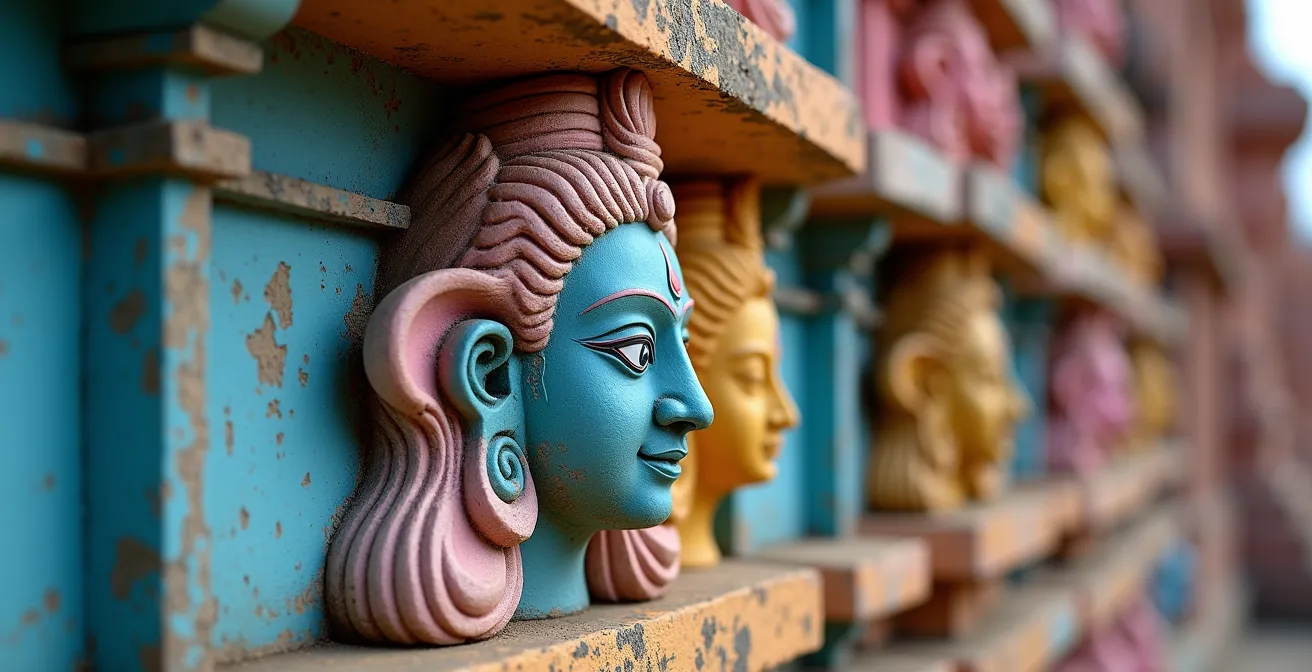 Détail macro des sculptures colorées de divinités sur un gopuram de temple tamoul