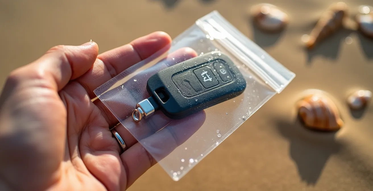 Gros plan sur une main tenant une pochette étanche transparente avec des clés