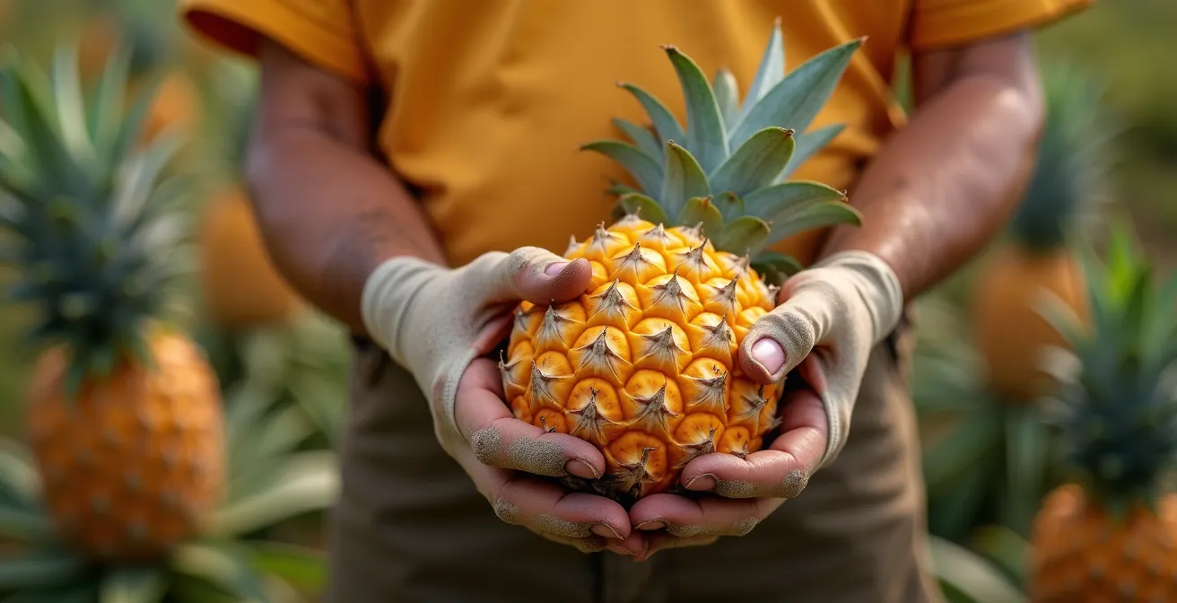 Gros plan sur les mains d'un producteur réunionnais examinant la maturité d'un ananas Victoria dans son champ