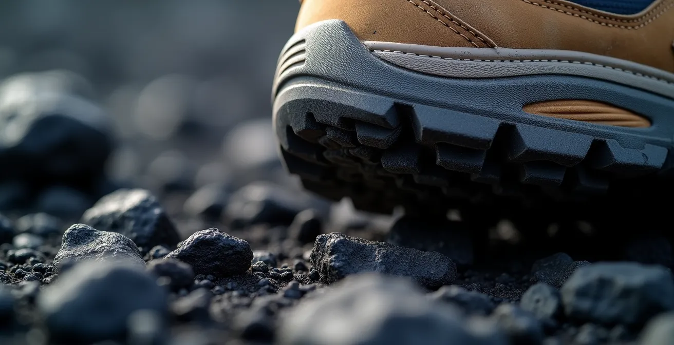 Gros plan macro sur une semelle de chaussure de randonnée posée sur la roche volcanique abrasive du Piton de la Fournaise