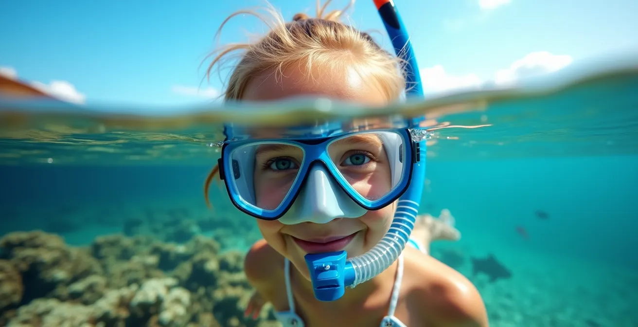 Enfant avec masque et tuba classiques observant les coraux dans l'eau cristalline du lagon