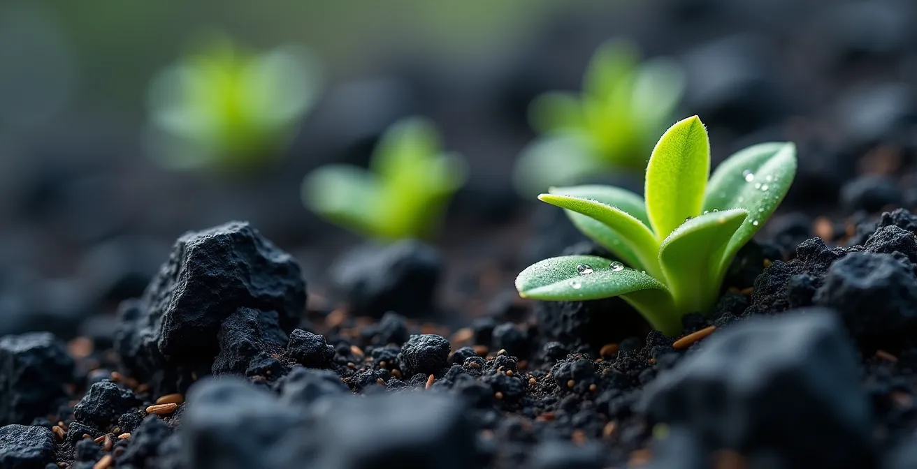 Sol volcanique poreux de La Réunion avec végétation endémique pionnière