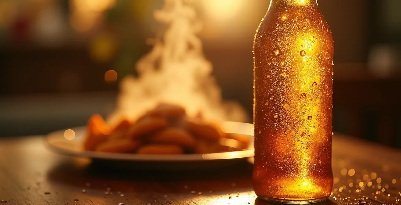 Bouteille de bière locale servie fraîche à côté d'une assiette de cari fumant