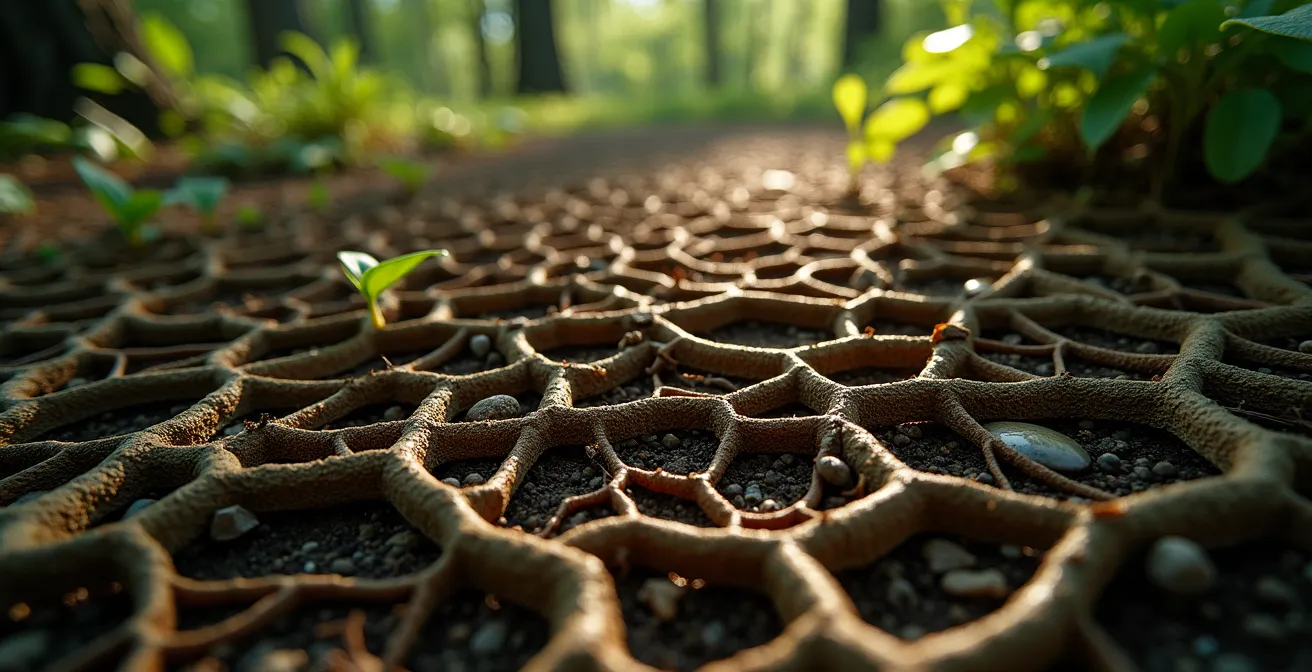 Tapis dense de rhizomes de Longose recouvrant le sol forestier, illustrant l'asphyxie des sols