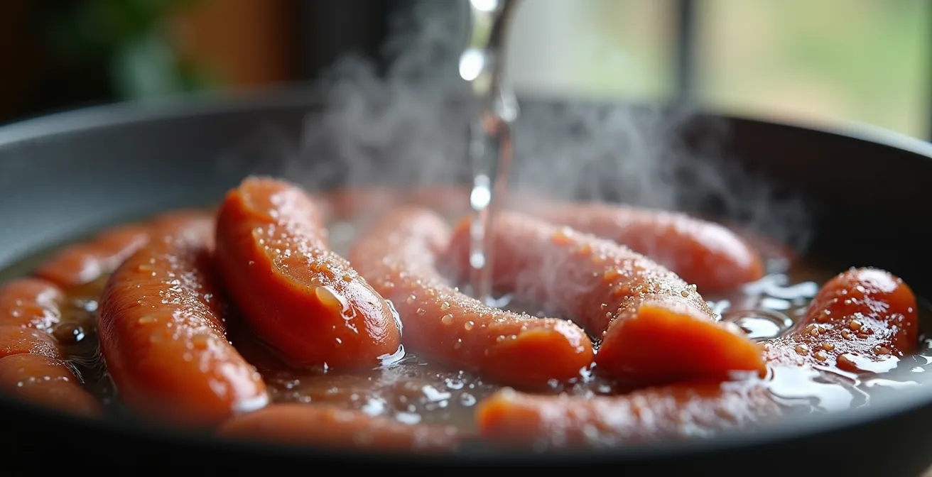 Processus de blanchiment des saucisses créoles dans une marmite d'eau bouillante