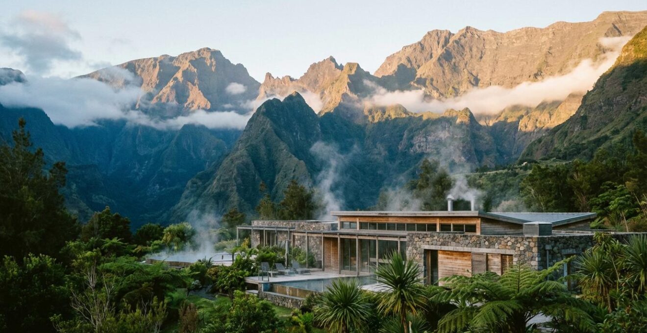 Vue architecturale sereine des Thermes de Cilaos au crépuscule avec les montagnes du cirque en arrière-plan