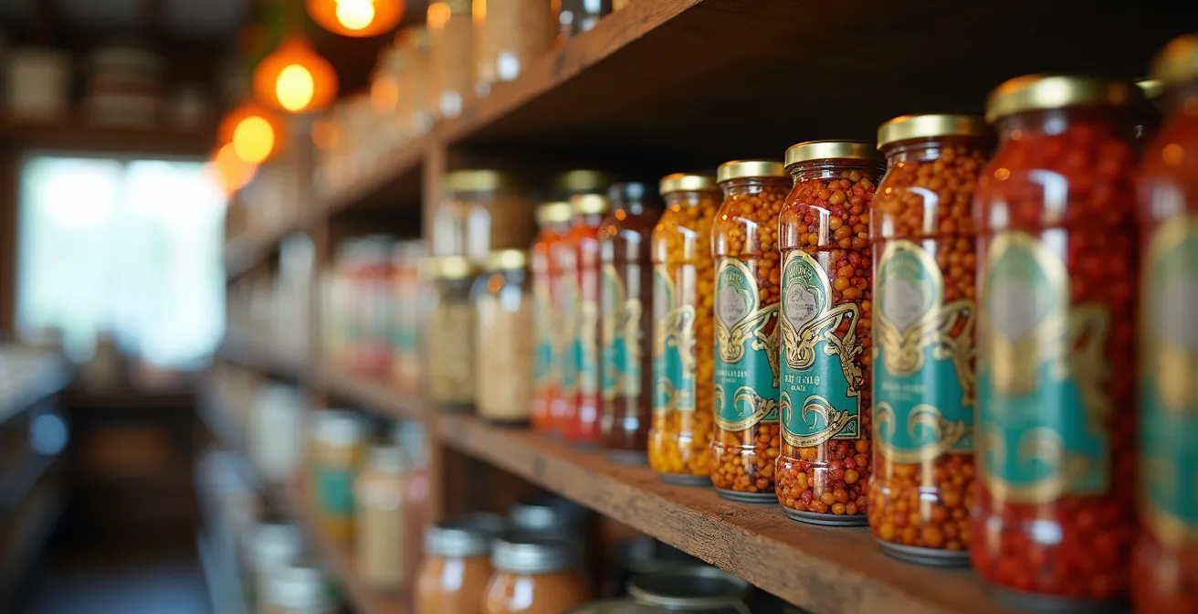 Intérieur d'une épicerie locale à Marla avec étagères de provisions pour randonneurs