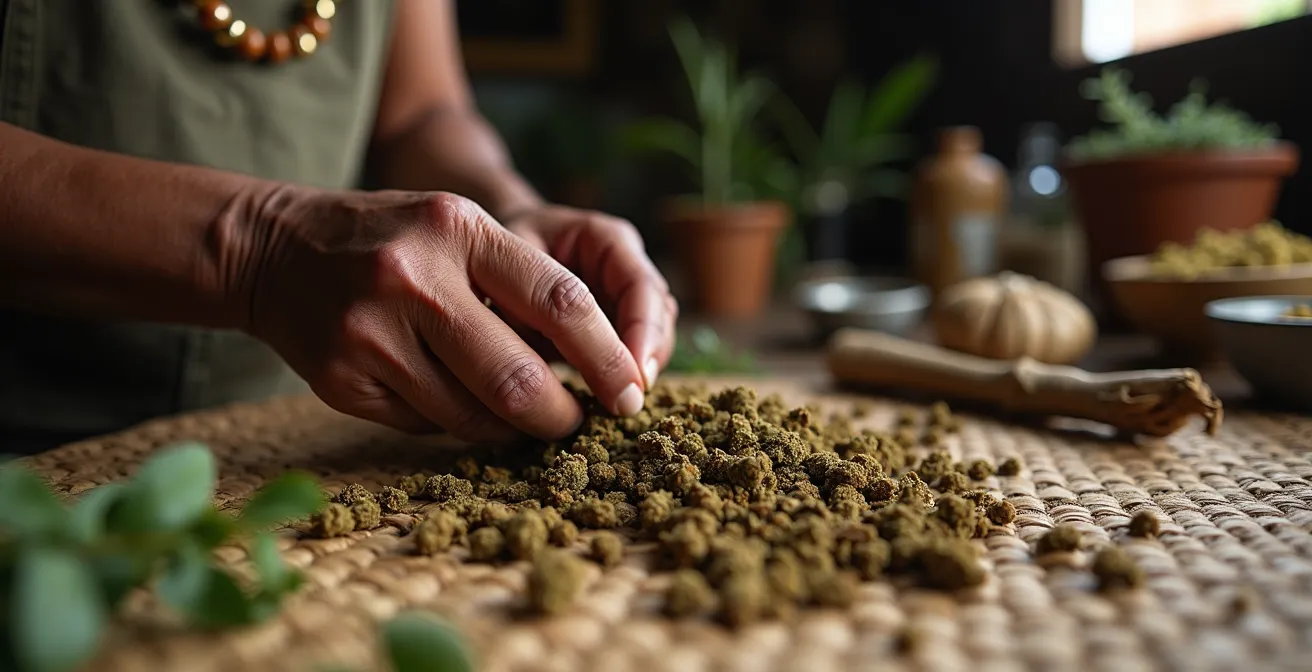 Mains de tisaneur préparant des plantes médicinales endémiques de La Réunion, comme le Faham ou le Bois d'Osto