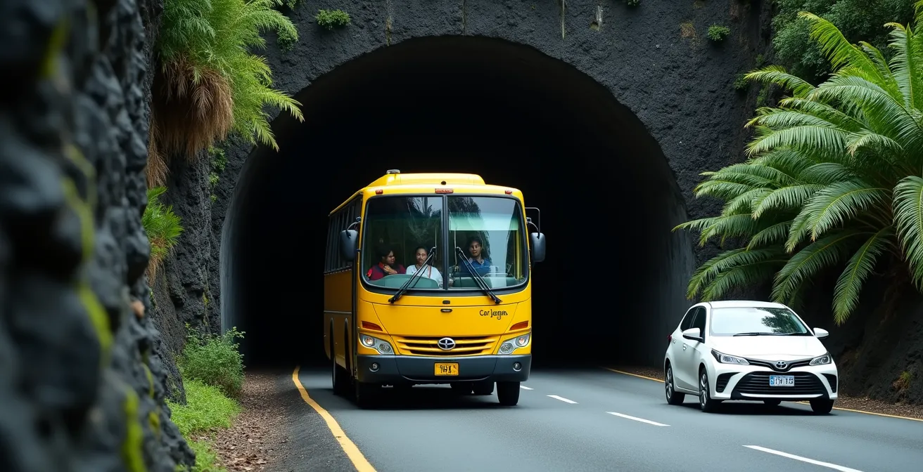 Bus 'car jaune' sortant d'un tunnel étroit sur la route de Cilaos
