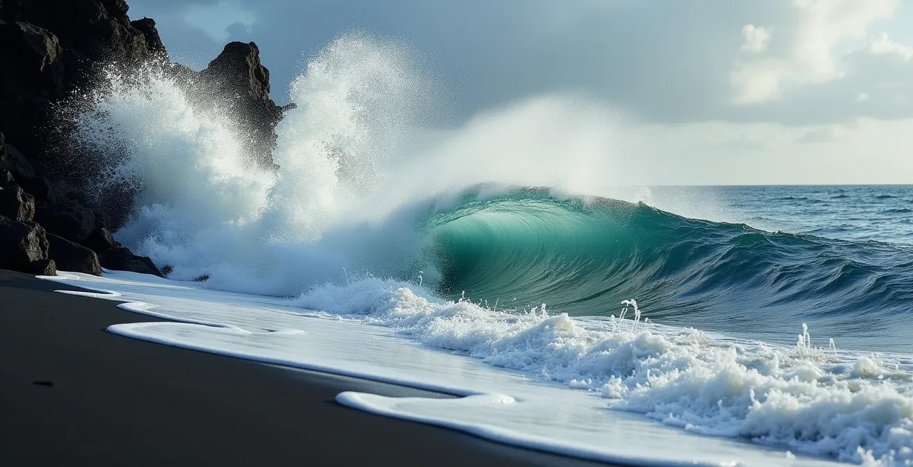 Vue latérale d'une vague puissante se brisant sur le rivage de l'Étang-Salé avec son ressac caractéristique