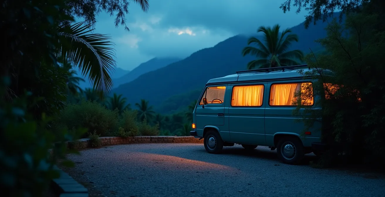 Van aménagé stationné discrètement sur un parking de montagne au crépuscule à La Réunion