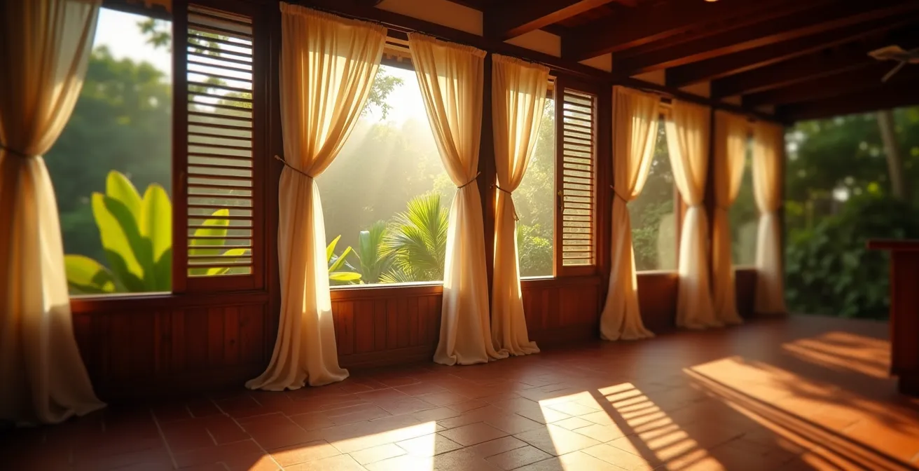 Vue en coupe d'une case créole montrant le système de ventilation naturelle avec les flux d'air traversant la varangue et les impostes