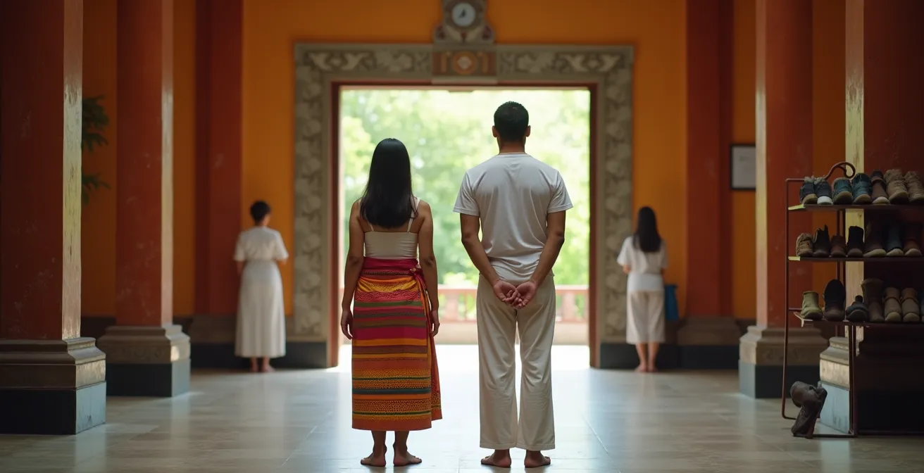 Visiteurs respectueux à l'entrée d'un temple tamoul portant des vêtements appropriés