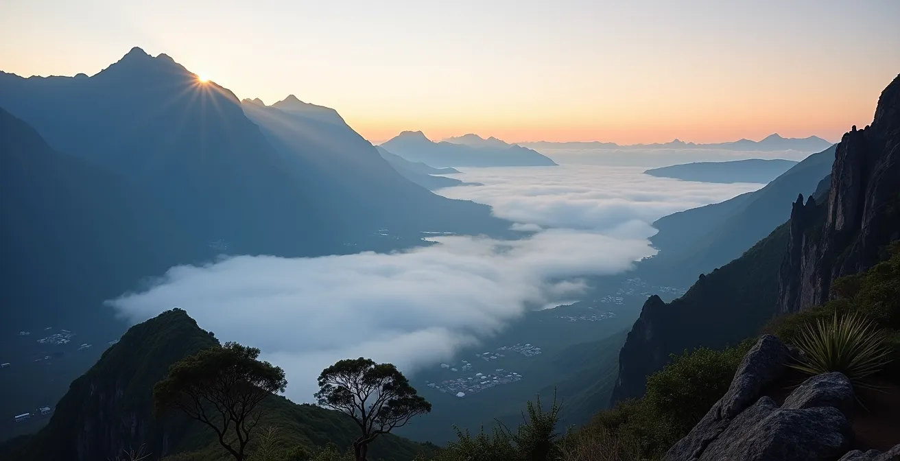 Vue panoramique du cirque de Mafate depuis le Maïdo avec mer de nuages au lever du soleil