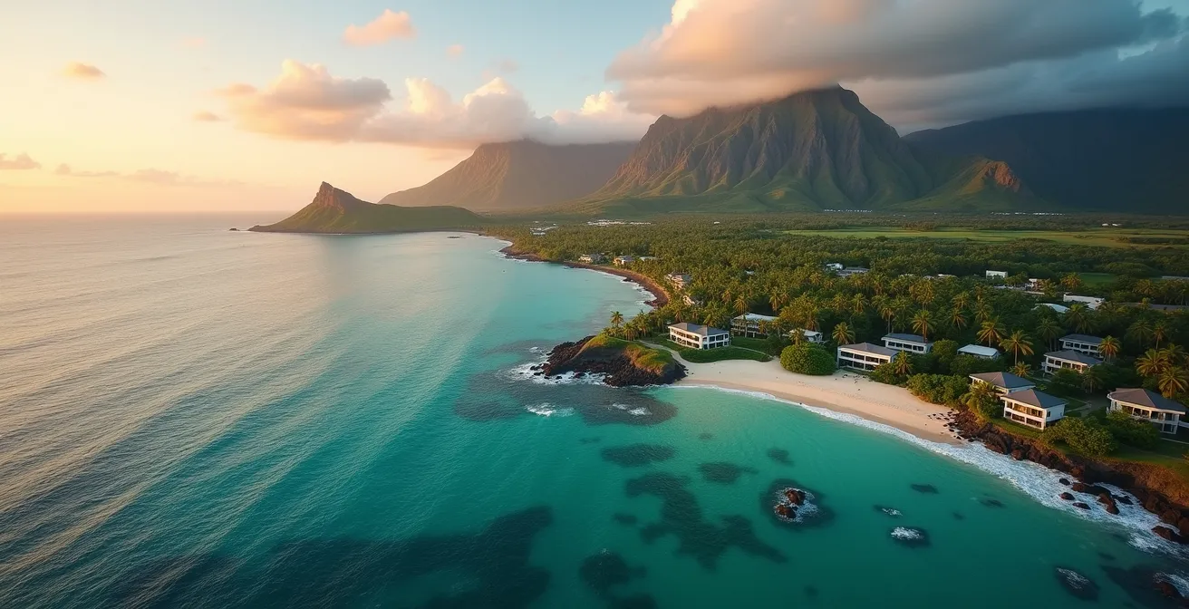 Vue aérienne montrant la concentration des infrastructures touristiques le long du lagon de La Saline-les-Bains