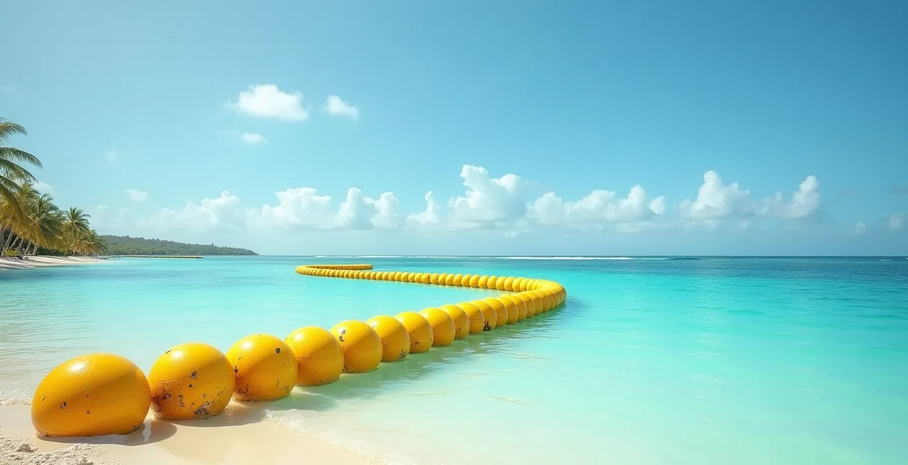 Bouées jaunes délimitant la zone de baignade sécurisée dans le lagon de l'Ermitage