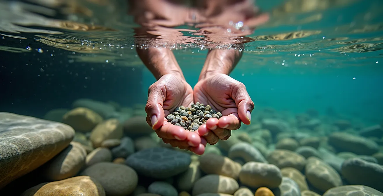 Vue sous-marine de galets dans une eau cristalline avec jeu de lumière naturelle